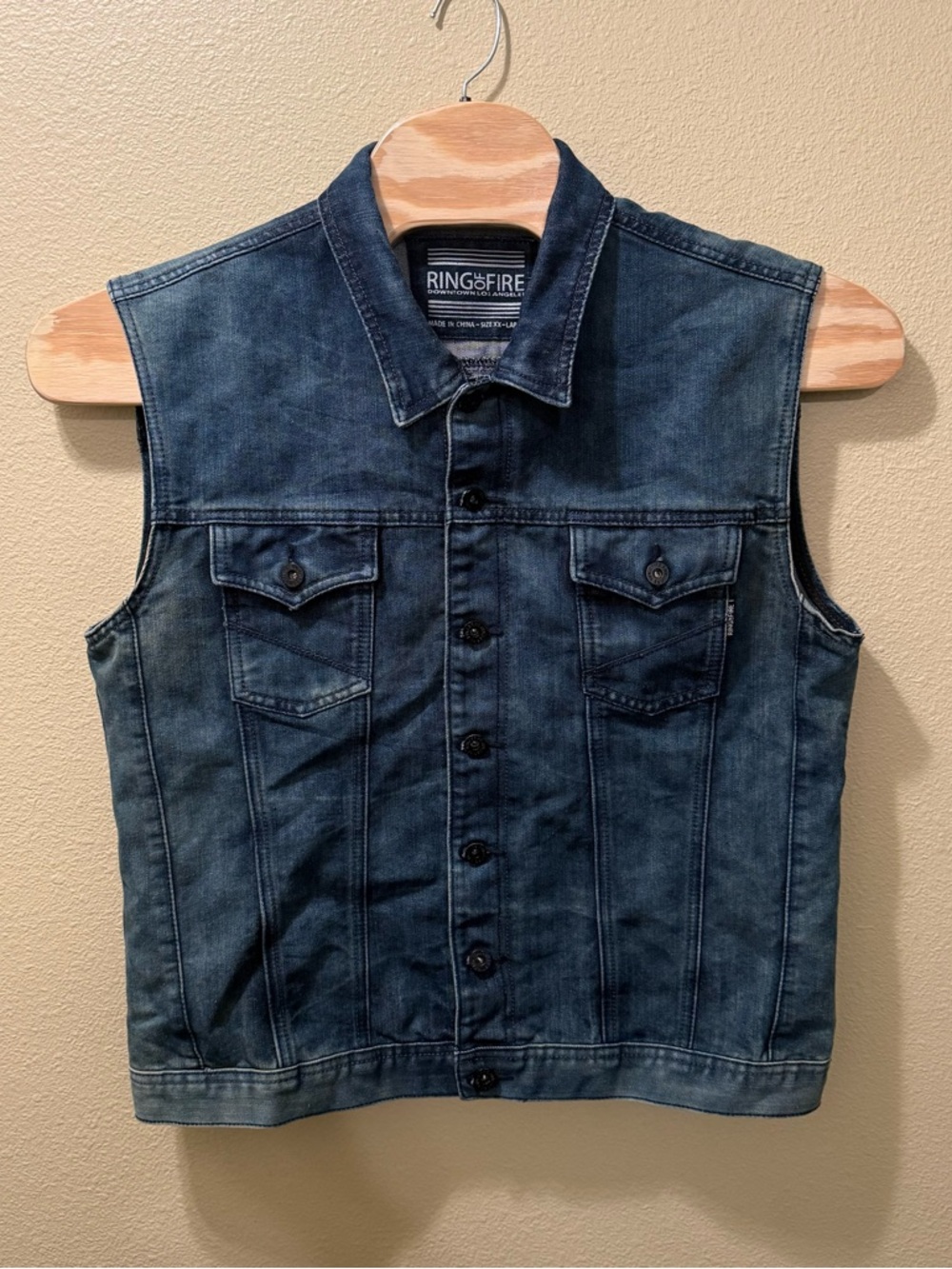 Men’s XXL Ring of Fire USA American Flag Eagle Motorcycle Denim Jean Vest